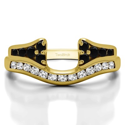 0.76 Ct. Black and White Round Channel Set Curved Anniversary Ring Wrap with Round  in Yellow Gold