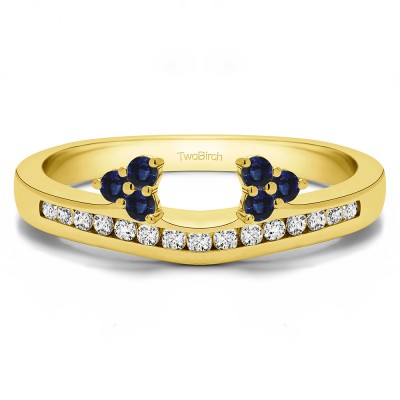 0.25 Ct. Sapphire and Diamond Round Cluster Contour Channel Set Anniversary Ring Wrap in Yellow Gold