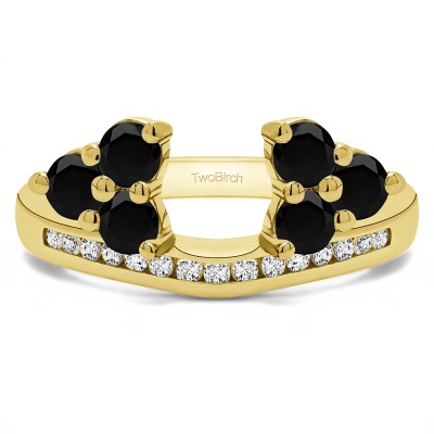 0.75 Ct. Black and White Round Cluster Contour Channel Set Anniversary Ring Wrap in Yellow Gold