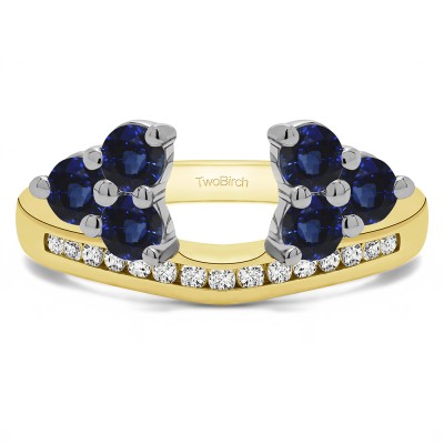 0.25 Ct. Sapphire and Diamond Round Cluster Contour Channel Set Anniversary Ring Wrap in Two Tone Gold
