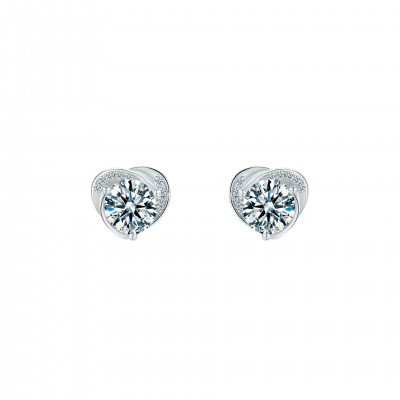 Platinum Plated Sterling Silver Solitaire Moissanite Stud Earrings with Swirl Design (5 MM Round, 1 CT TWT DEW, CERTIFIED)