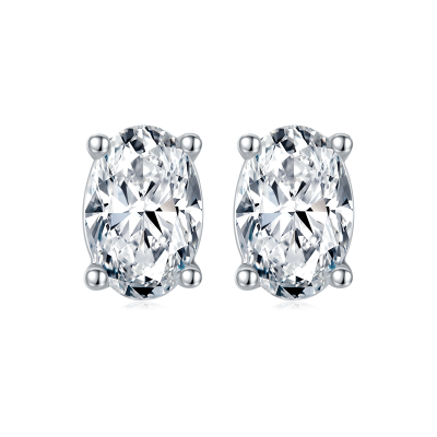 TwoBirch 1 Carat Oval Moissanite Stud Earrings (4 x 6 mm, Certified) set in Platinum Plated Silver