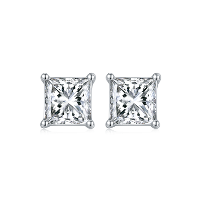 TwoBirch 1 Carat Princess Moissanite Stud Earrings (4.5 x 4.5 mm, Certified) set in Platinum Plated Silver