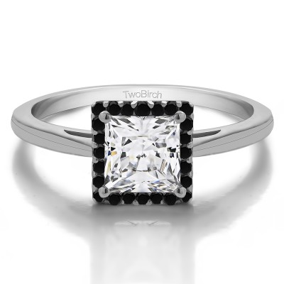 1 CT. Moissanite and Black Diamond Princess Cut Solitaire Halo Engagement Ring