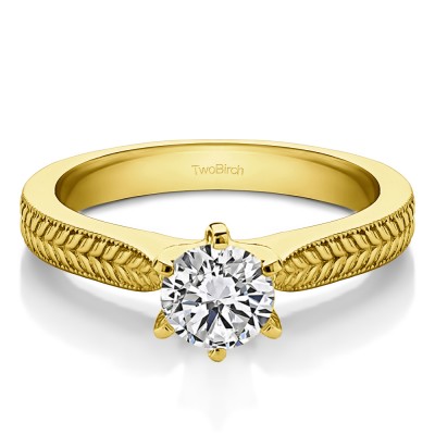 0.75 Carat Thin Engraved Pinched Shank Solitaire in Yellow Gold