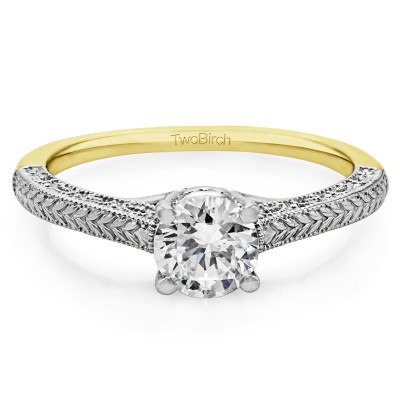 0.75 Carat Vintage Filigree Engraved Solitaire in Two Tone Gold