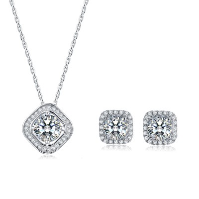 Platinum Plated Sterling Silver Moissanite Square Halo Stud Earrings (5 MM Round, 1 CT DEW, CERTIFIED) & Matching Square Halo Pendant (6.5 MM, 1 CT DEW, Certified)