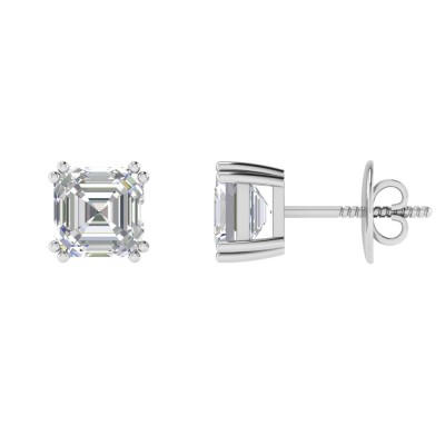TwoBirch 2 Carat DEW Asscher Cut Moissanite Stud Earrings set In 18k White Gold Plated Silver (Certified)