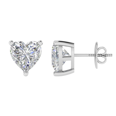 TwoBirch 2 Carat DEW Heart Shaped Moissanite Stud Earrings set In 18k White Gold Plated Silver (Certified)