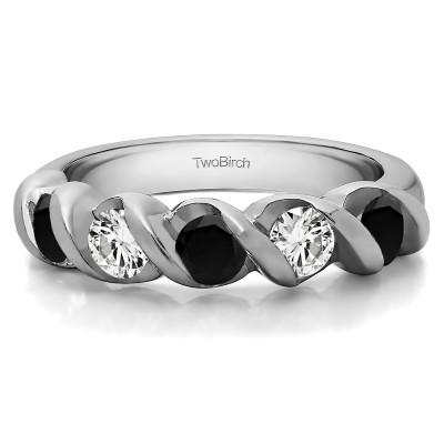 0.48 Carat Black and White Five Stone Swirl Set Wedding Band