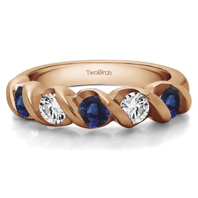 0.25 Carat Sapphire and Diamond Five Stone Swirl Set Wedding Band in Rose Gold