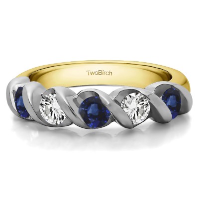 0.25 Carat Sapphire and Diamond Five Stone Swirl Set Wedding Band in Two Tone Gold