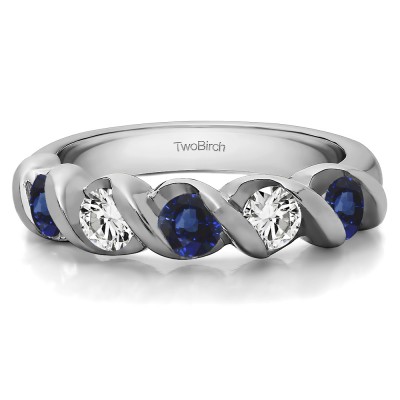0.48 Carat Sapphire and Diamond Five Stone Swirl Set Wedding Band
