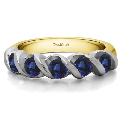 0.25 Carat Sapphire Five Stone Swirl Set Wedding Band in Two Tone Gold