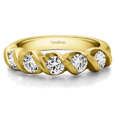 1 Carat Five Stone Swirl Set Wedding Band in Yellow Gold