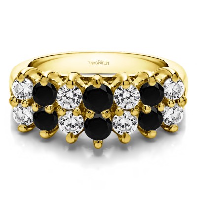 1.96 Carat Black and White Fourteen Stone Double Row Common Prong Wedding Ring  in Yellow Gold
