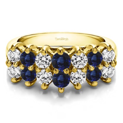 1.96 Carat Sapphire and Diamond Fourteen Stone Double Row Common Prong Wedding Ring  in Yellow Gold