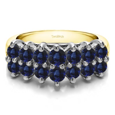 1.96 Carat Sapphire Fourteen Stone Double Row Common Prong Wedding Ring  in Two Tone Gold