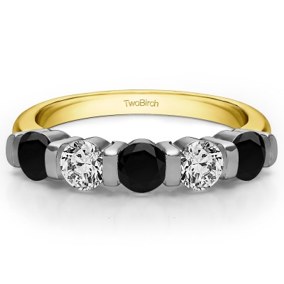 1.25 Carat Black and White Five Stone Bar Set Wedding Band in Two Tone Gold
