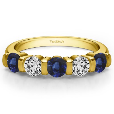 0.75 Carat Sapphire and Diamond Five Stone Bar Set Wedding Band in Yellow Gold