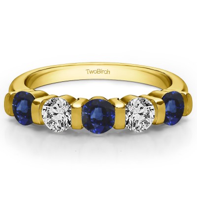 0.75 Carat Sapphire and Diamond Five Stone Bar Set Wedding Band in Yellow Gold