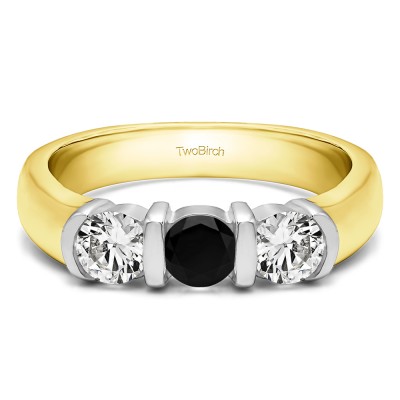 0.48 Carat Black and White Three Stone Bar Set Wedding Ring in Two Tone Gold