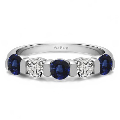 0.5 Carat Sapphire and Diamond Five Stone Wide Bar Set Wedding Band