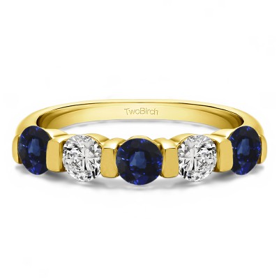0.5 Carat Sapphire and Diamond Five Stone Wide Bar Set Wedding Band  in Yellow Gold
