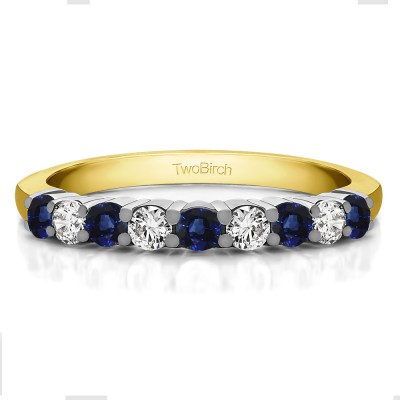 0.5 Carat Sapphire and Diamond Double Shared Prong Thin Wedding Band in Two Tone Gold