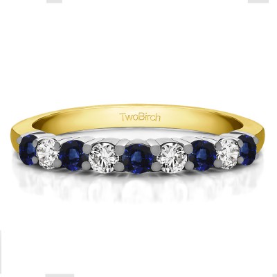 0.5 Carat Sapphire and Diamond Double Shared Prong Thin Wedding Band in Two Tone Gold