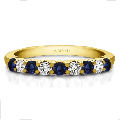 0.5 Carat Sapphire and Diamond Double Shared Prong Thin Wedding Band in Yellow Gold