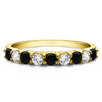 0.75 Carat Black and White Double Shared Prong Thin Wedding Band in Yellow Gold