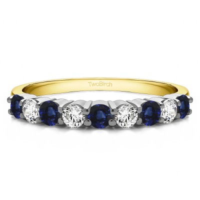 0.75 Carat Sapphire and Diamond Double Shared Prong Thin Wedding Band in Two Tone Gold