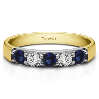 0.25 Carat Sapphire and Diamond Five Stone Pave Set Anniversary Band in Two Tone Gold