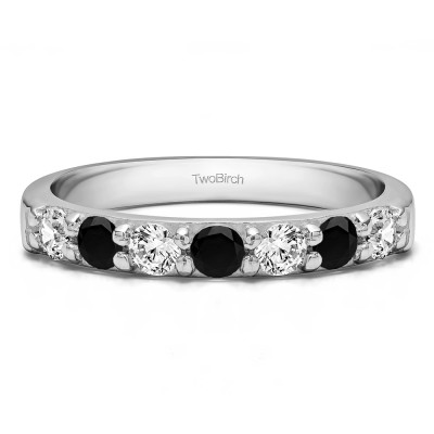 0.75 Carat Black and White Seven Stone Common Prong Wedding Ring