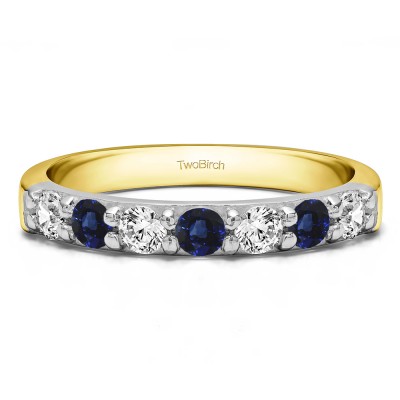 0.49 Carat Sapphire and Diamond Seven Stone Common Prong Wedding Ring in Two Tone Gold