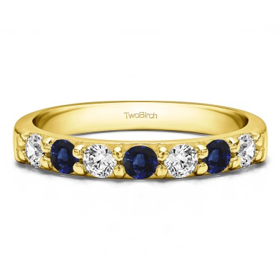 0.49 Carat Sapphire and Diamond Seven Stone Common Prong Wedding Ring in Yellow Gold