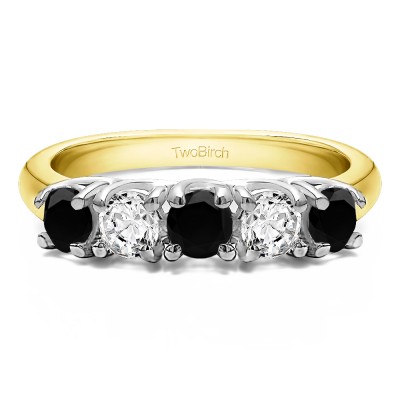 0.5 Carat Black and White Five Stone Trellis Set Wedding Ring in Two Tone Gold