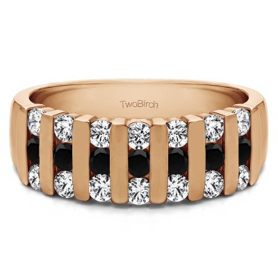 0.26 Carat Black and White Three Row Bar Set Wedding Ring in Rose Gold