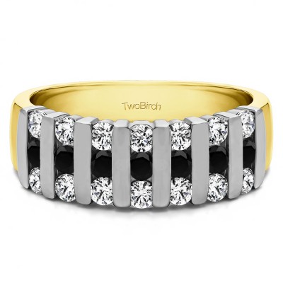 0.26 Carat Black and White Three Row Bar Set Wedding Ring in Two Tone Gold