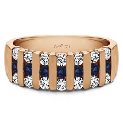 0.26 Carat Sapphire and Diamond Three Row Bar Set Wedding Ring in Rose Gold