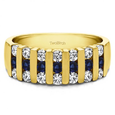 0.26 Carat Sapphire and Diamond Three Row Bar Set Wedding Ring in Yellow Gold