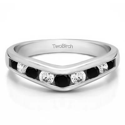 1 Ct. Black and White Nine Round Stone Channel Set Chevron Contour Wedding Band