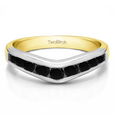 0.75 Ct. Black Nine Round Stone Channel Set Chevron Contour Wedding Band in Two Tone Gold