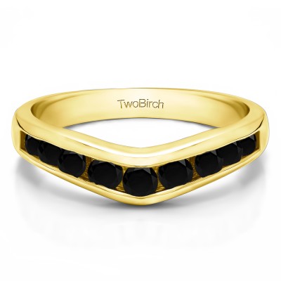 1 Ct. Black Nine Round Stone Channel Set Chevron Contour Wedding Band in Yellow Gold