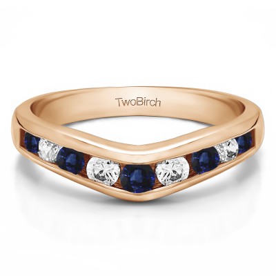1 Ct. Sapphire and Diamond Nine Round Stone Channel Set Chevron Contour Wedding Band in Rose Gold