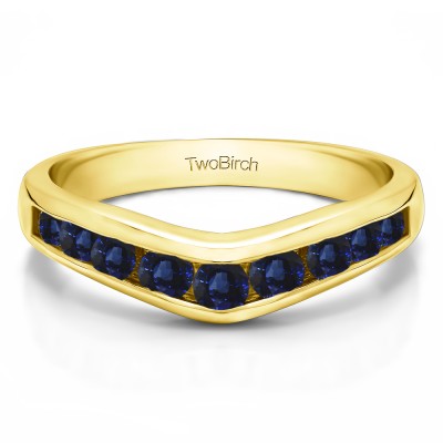 1 Ct. Sapphire Nine Round Stone Channel Set Chevron Contour Wedding Band in Yellow Gold