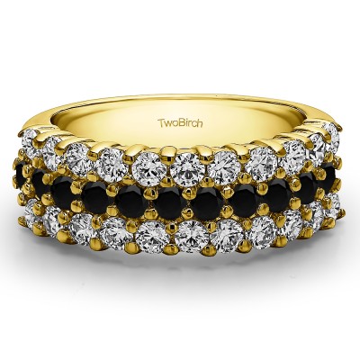 1.49 Carat Black and White Three Row Double Shared Prong Wedding Band  in Yellow Gold