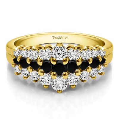 0.49 Carat Black and White Domed Three Row Shared Prong Anniversary Ring  in Yellow Gold