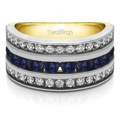 2 Carat Sapphire and Diamond Three Row Channel Set Anniversary Ring in Two Tone Gold